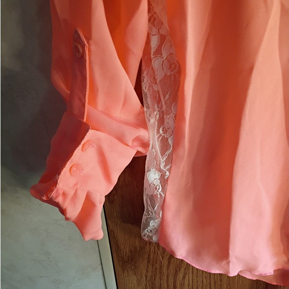 Candies Y2K Tie Front Lace Blouse Vivid Coral Orange Going Out Top Small Western - Picture 4 of 13